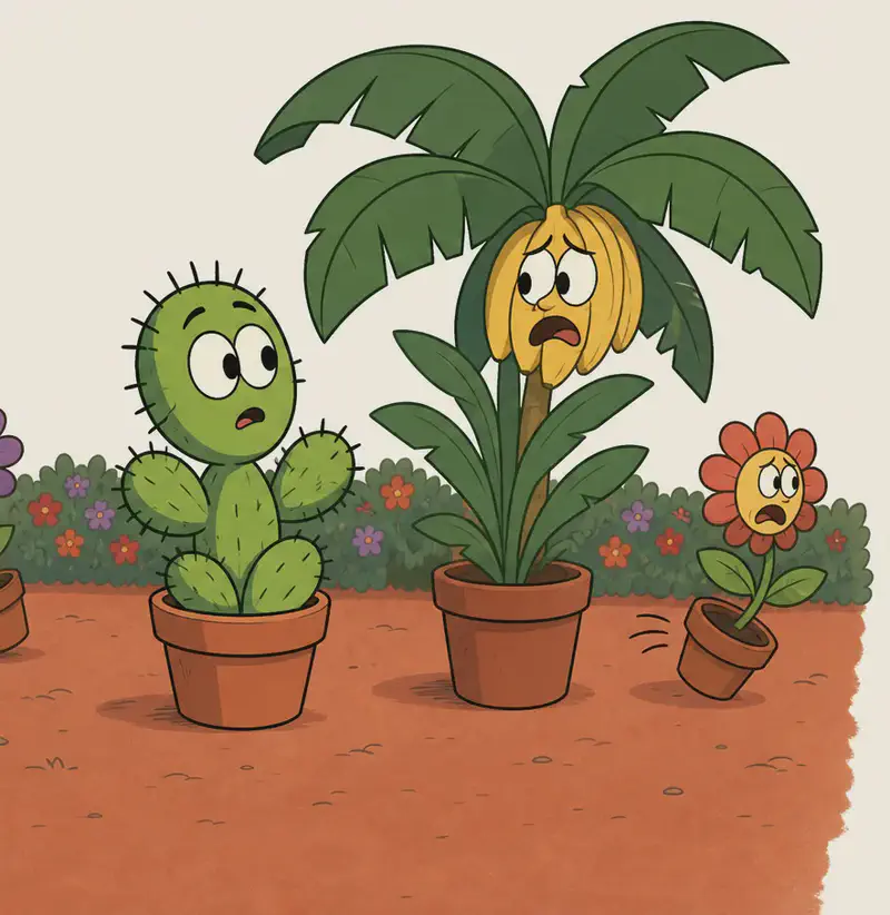 On the left side of the image, Spike stands in his terracotta pot on reddish-brown ground, facing a banana tree (also in a pot) that has a worried, fearful yellow face peeking out from its leaves. Spike has a slightly confused or uncertain expression, appearing to approach the banana tree. The scene is set outdoors in a garden with a colorful flower hedge running along the background under a plain white sky. Two additional small potted plant characters are visible — a flower to the right of the banana tree turning away, and another flower on the far left also moving away, both with small fearful facial features, fleeing the scene.