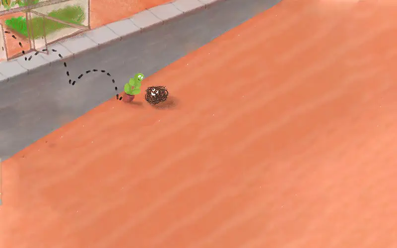 A small green cactus hops along a dotted path across an orange desert landscape, meeting a brown tumbleweed near a road.