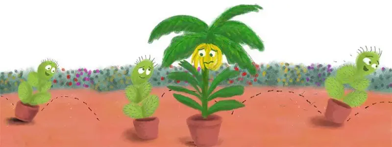 Sad yellow-faced palm plant waves while cacti hop away in pots along dotted paths through the flower garden.
