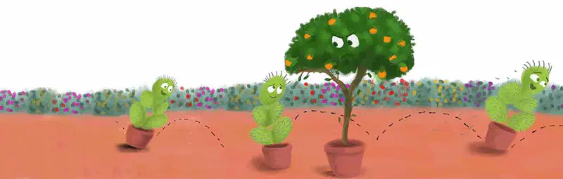 Cactus hops between pots along a dotted path toward an orange tree while another cactus runs away across the flower garden.
