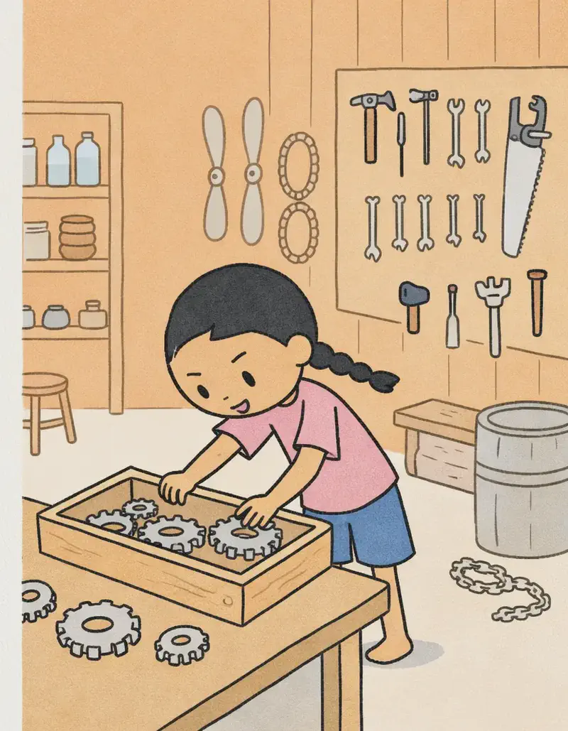 Panha stands at a workbench on the right-center of the image inside a wooden workshop, leaning over a wooden frame with a focused, determined expression as she inserts gears into the frame with both hands. The indoor workshop is filled with tools — a pegboard of hand tools (wrenches, saws, hammers) on the right wall, propeller blades, gears, chains, a barrel, and lumber scattered around the floor. A shelf unit with supplies stands to the left, and a small wooden stool sits nearby. The warm, amber-toned lighting gives the garage workshop a cozy feel.