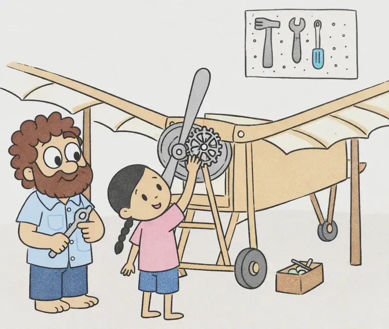 On the right side of the image, Panha stands next to a large handmade wooden airplane with wide fabric-covered wings and a front propeller. She is reaching up with one hand to adjust gears near the propeller mechanism, looking at them with a focused, determined expression. Dad stands nearby on the left, holding a wrench and watching Panha work with a supportive expression. The scene is set indoors in the garage workshop, with a toolbox on the ground nearby and tools hanging on the wall behind them.