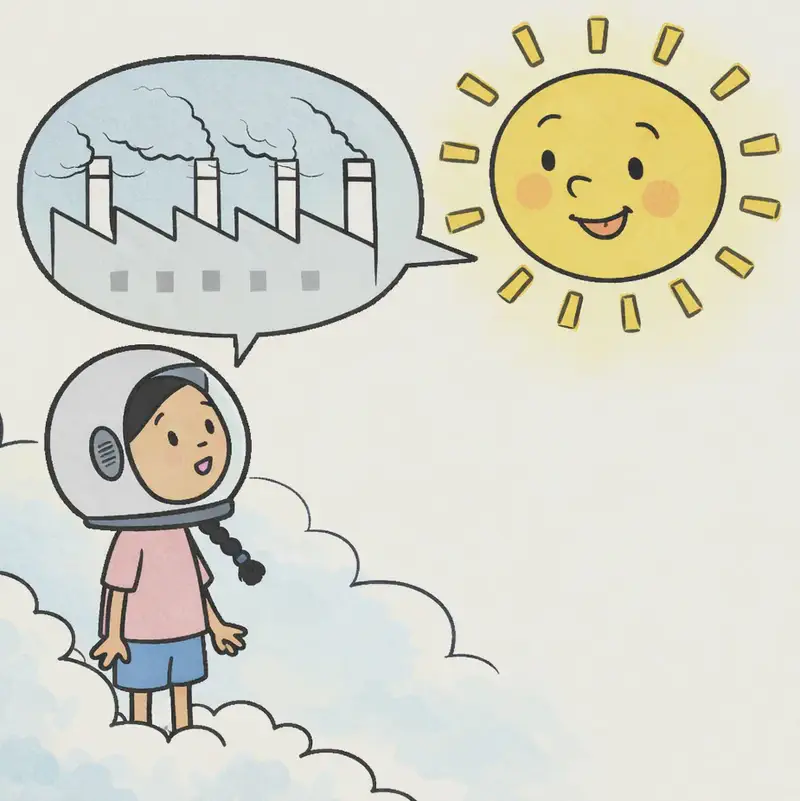 On the left side of the image, Panha stands among clouds wearing a flight helmet, looking upward toward Sun, who floats above as a large, friendly, anthropomorphic sun with a knowing expression and a slight smile. Sun has a speech bubble containing an image of smoking factory chimneys, explaining to Panha that smog from the factories is blocking the light. The scene is set high in the sky, surrounded by hazy yellow light and soft clouds, with the right side open as plain golden-yellow sky.