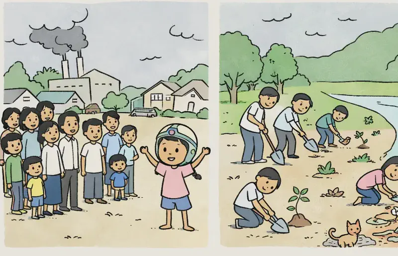 On the right side of the image, a two-panel scene shows Panha rallying her community to take action. In the left panel, Panha stands at the center-right wearing a flight helmet, with her arms raised enthusiastically, addressing a large crowd of townspeople gathered in a suburban American neighborhood with houses and trees in the background under an overcast, polluted sky with a factory visible behind them. In the right panel, the townspeople are shown working together on the right side — digging with shovels, planting saplings, and clearing debris along a riverbank near a hillside, with determined and focused expressions as they restore the landscape.