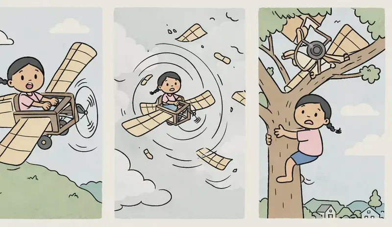 The image is a three-panel comic-style sequence positioned on the left side. In the first panel, Panha sits in the cockpit of a handmade wooden plane on a grassy hilltop, gripping the frame with a determined expression as the propeller spins and the plane lifts off. In the second panel, the plane spirals out of control through a cloudy sky, breaking apart mid-flight as pieces of wood fly off. In the third panel, Panha clings to the trunk of a tall oak tree with a frustrated but determined expression, the crashed plane's wreckage wedged in the branches above her, as she works her way down. A suburban American neighborhood with houses is visible in the background below the hill.