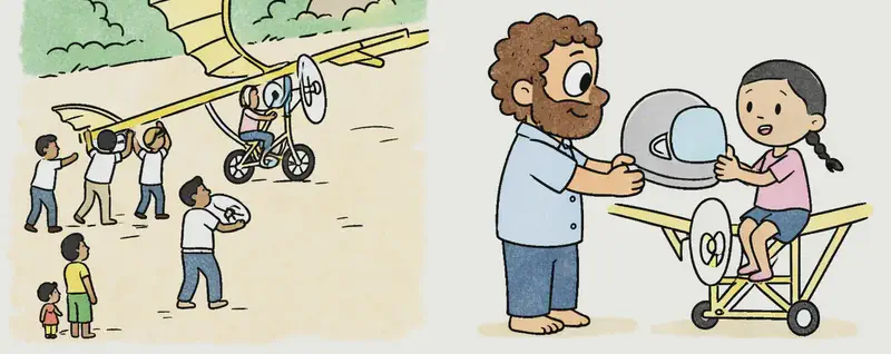 The image is a two-panel illustration. In the left panel, on the left side, a group of townspeople gathers outdoors to watch as a handmade bicycle-powered flying machine is wheeled forward on a dirt path, with trees and large rocks in the background. In the right panel, shown on the left side, Dad stands facing Panha with a proud, encouraging expression, holding out a flight helmet toward her; Panha sits on the seat of the flying machine, looking determined and slightly nervous as she reaches to accept the helmet. The right portion of the overall image is plain white background.