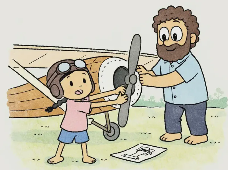 In the lower half of the image, Panha stands in front of a handmade wooden propeller plane wearing a flight helmet, gripping the propeller with a determined expression, while Dad stands just behind her with his hands on the plane's nose, smiling gently as they prepare together. A paper plan or blueprint lies on the ground near Panha's feet. The scene is set outdoors on a flat grassy field with a clear blue sky and distant trees in the background.