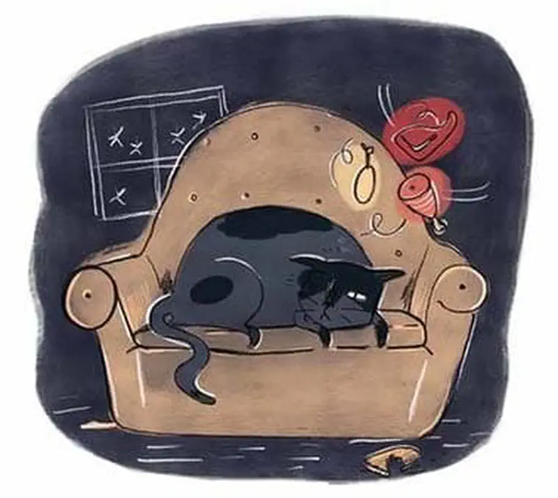 Gray and white cat sleeps peacefully on a brown armchair at night with a ball of red yarn nearby.