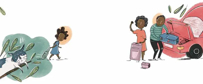 Cat hides in bushes watching a girl walk past while her parents load suitcases into a red car.