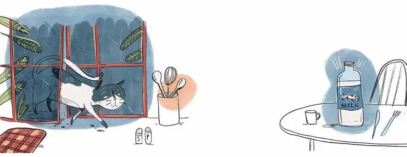 Grumpy cat climbs through a red window frame at night while a milk bottle and cup sit on the kitchen table.