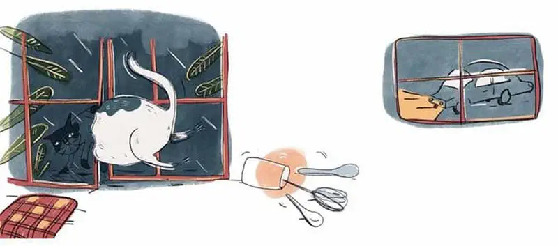 Cat squeezes through window at night as a car with headlights drives away in the rainy darkness.