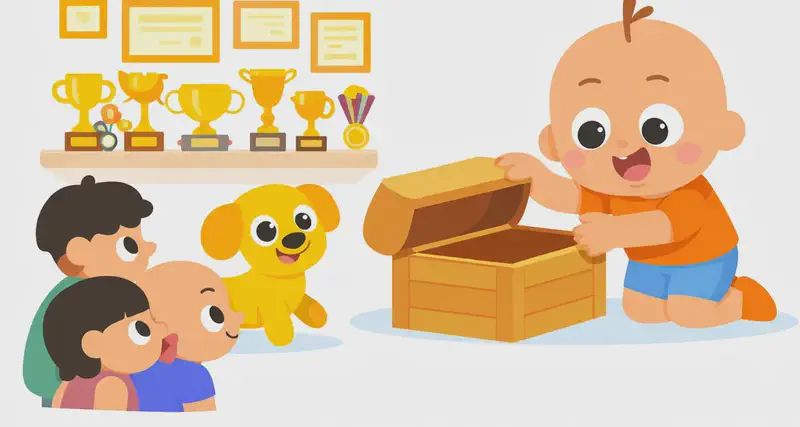 In the lower-left portion of the image, Vic is kneeling on the floor, leaning forward with a proud, contented expression as he opens or reaches into a large trunk or chest. Behind him on the wall hangs a large collection of framed certificates and awards, and on a shelf below them sit numerous trophies, cups, and medals. In the bottom-left corner, Dog sits facing Vic alongside a group of small children who are crowding in to watch him from behind.