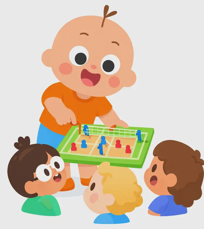On the left side of the image, Vic stands behind a small tabletop model of a volleyball court, smiling broadly and pointing down at it with one hand while a group of children gather around him, looking at the model with interest. The miniature court shows a net across the middle with tiny player figures on each side and a small ball. Vic has an enthusiastic, explanatory expression as he presents the model to the other kids.