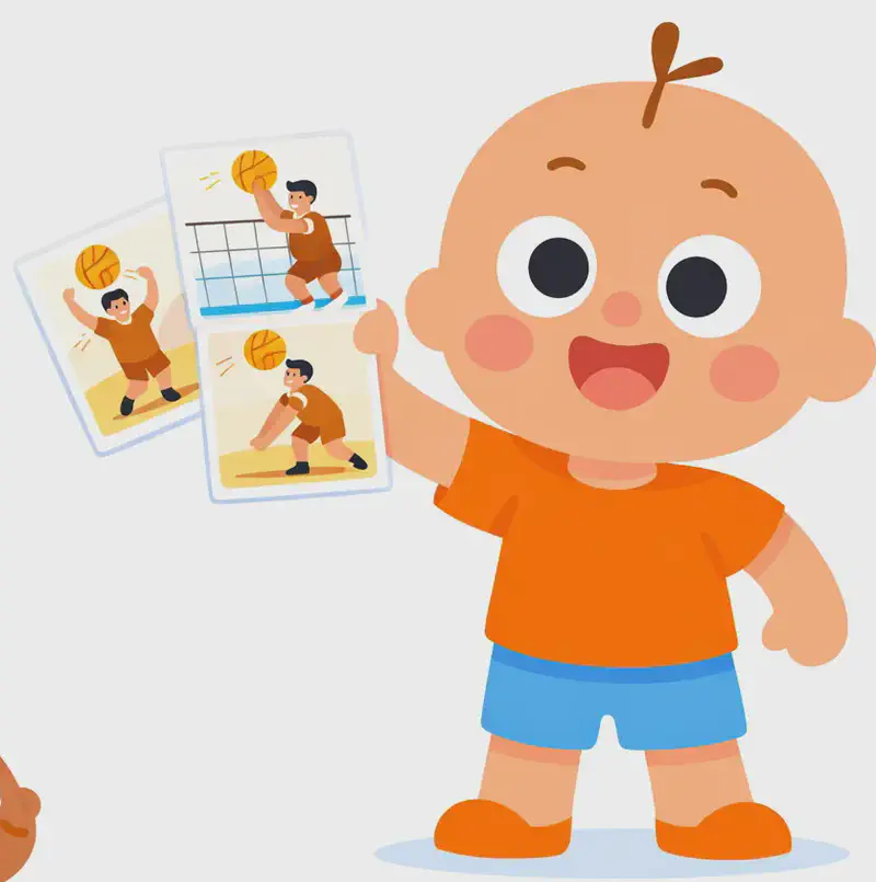 On the right side of the image, Vic holds up three photo-style illustrations showing volleyball action shots: one depicts a player jumping high with arms raised to spike the ball over the net, another shows a player in a low crouching stance preparing to dig the ball, and the third shows a player at the net spiking the volleyball over it with a determined expression. In the bottom-left corner, a group of small children watch closely and nod with attentive expressions.