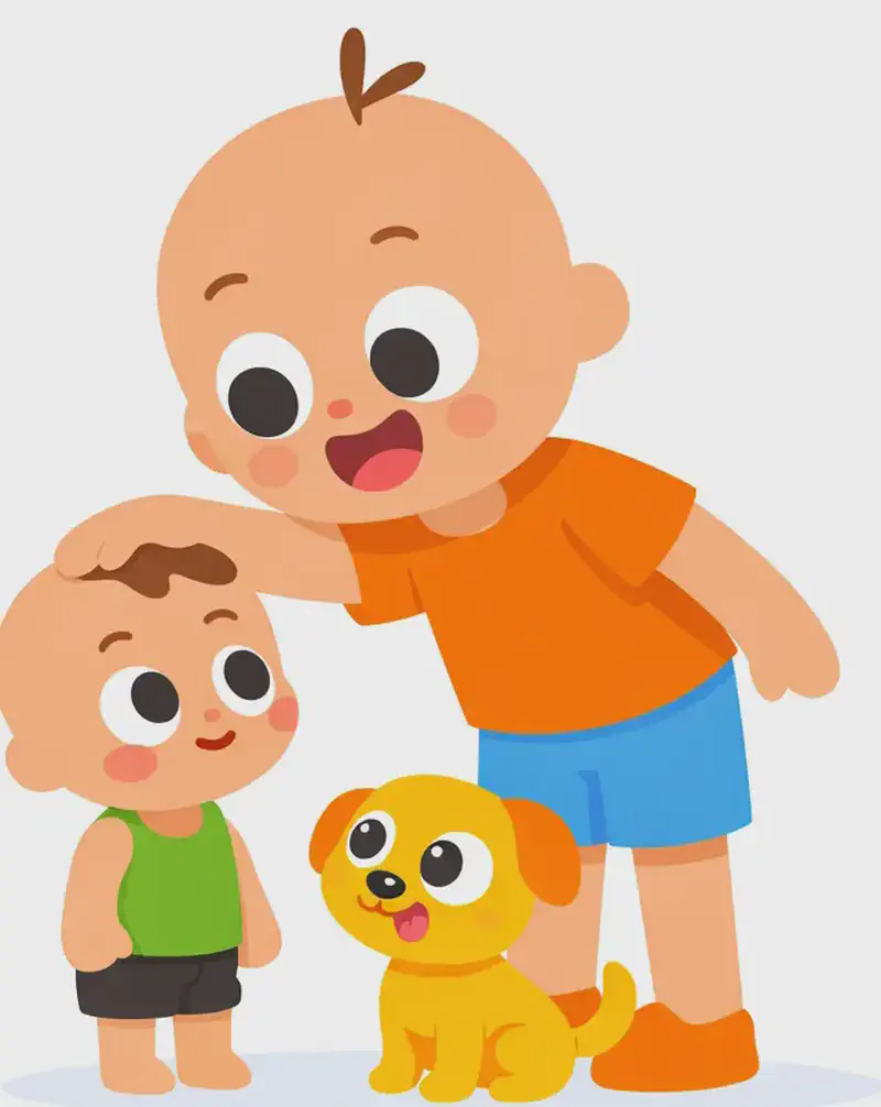 On the right side of the image, Vic leans down from above, smiling encouragingly and reaching down to pat Tim on the head. Tim stands looking up at Vic with a shy smile. Dog sits beside Tim at his side, looking up attentively with tail wagging. In the center-left area, several other children are gathered on the ground — two lying on their stomachs looking at a map or large paper, and one standing child watching with wide eyes.