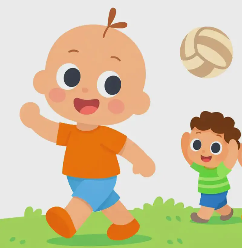 On the left side of the image, Vic strides confidently forward into the yard, looking back over his shoulder at a line of small children who follow behind him with eager, wide-eyed expressions. Dog trots along at the back of the line on all fours with ears bouncing, looking excited. A volleyball sails through the air above them. The scene is set outdoors on grass with a plain white background on the right side.