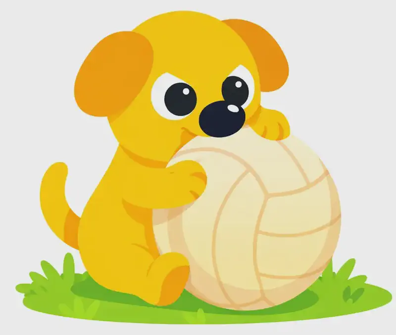 On the left side of the image, Dog sits on a patch of grass, hugging a large volleyball tightly with both front paws, pressing its nose right into the ball with a determined, possessive expression. The ball is nearly as big as Dog. The scene is outdoors on a bright day with a plain white background extending across the right side of the image.