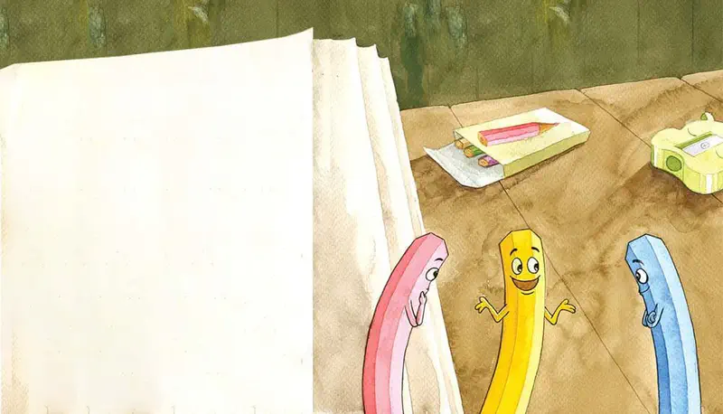 Pink, yellow, and blue pencil characters stand before an open blank notebook on a wooden desk with supplies behind.