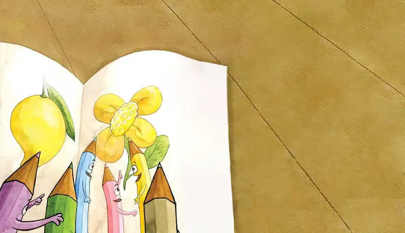 Colorful pencil characters admire a drawing of a yellow flower, mango, and pear in an open sketchbook.