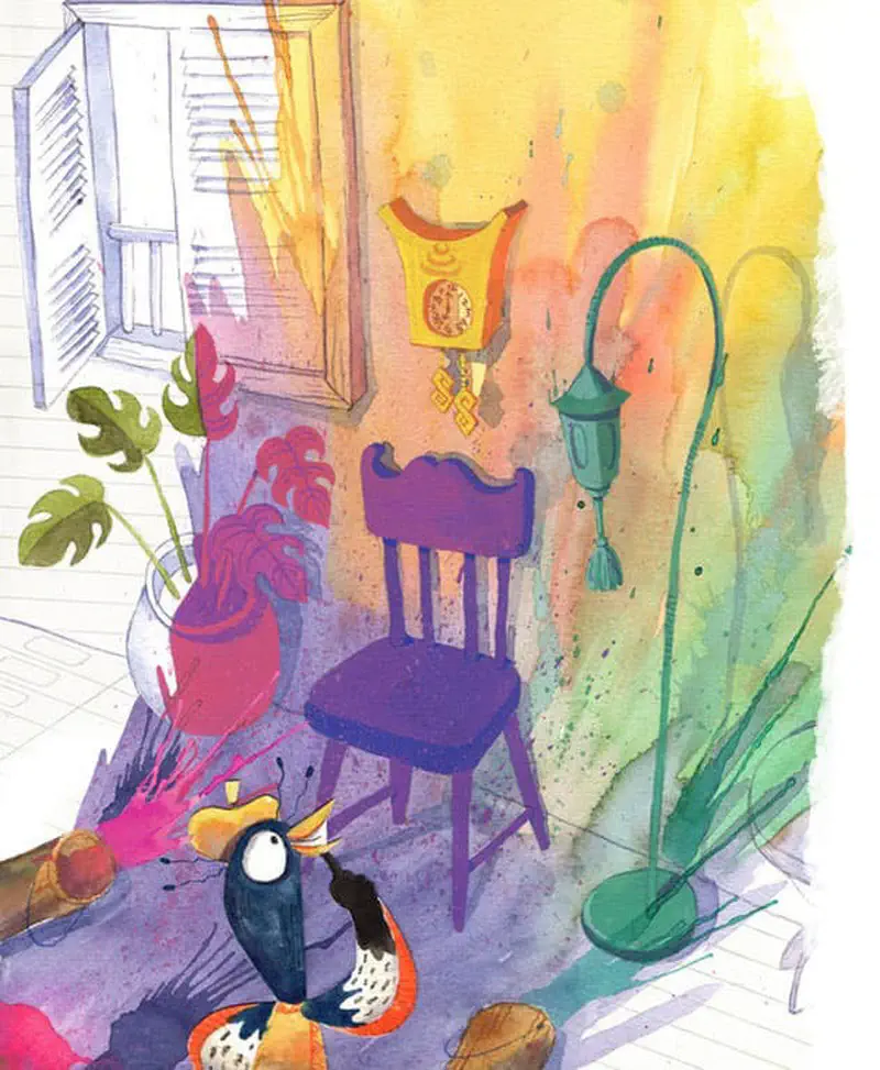 Pep the bird looks up at a colorfully painted room with purple chair, yellow clock, green lamp, and paint splashes.