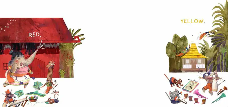 Buffalo paints a red house while animals play, and nearby a yellow-roofed hut with animals doing activities.