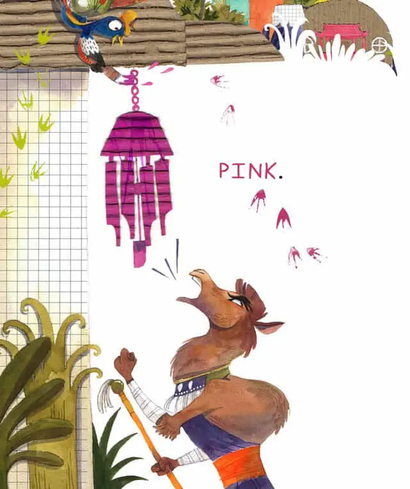 Kangaroo holds a broom looking up at pink wind chimes while Pep the bird watches from the rooftop above.