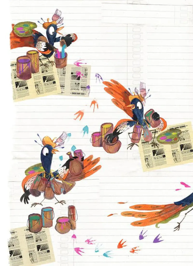 Pep the bird shown in four poses mixing colorful paints, carrying cans, and leaving colorful footprints on newspaper.