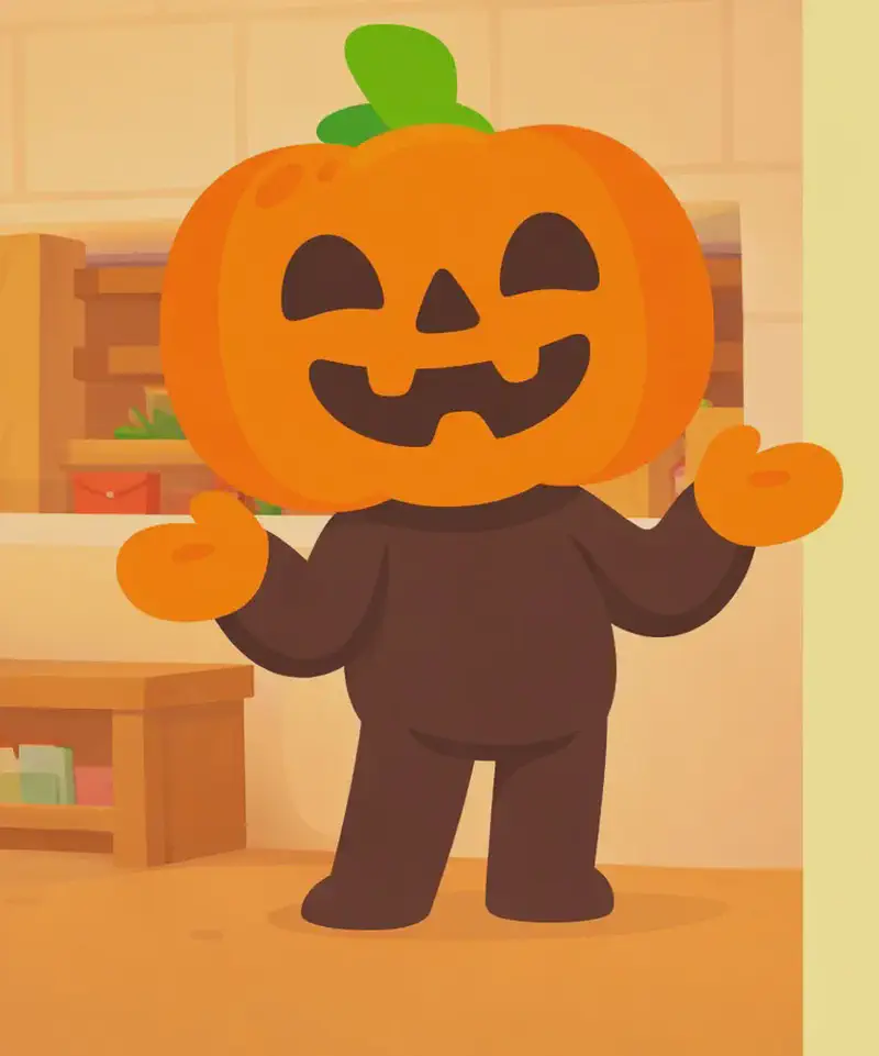 Jack stands on the left side of the image, facing forward with a carefree grin, shrugging with both orange mitten-like hands raised palm-up in an exaggerated 'who cares?' gesture. His jack-o'-lantern head displays a wide jagged smile. The scene is set indoors in what appears to be a messy room with wooden shelving and block-built walls, with warm lighting suggesting daytime. The right side of the image is plain background, clear for text overlay.