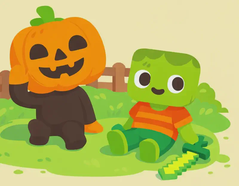 On the left side of the image, Jack stands in the foreground with a relaxed, laid-back pose, one orange mitten-like hand behind his jack-o'-lantern head, grinning wide. Just behind and to the right of Jack, Zom sits casually on the grass, leaning back on his hands with a contented grin, his pixelated light-green sword resting on the ground beside him. They appear calm and at ease together, enjoying doing nothing. The scene is set outdoors in a suburban backyard-style area with a wooden fence, green grass, and earthy terrain, under bright daytime lighting. The right ~40% of the image is plain pale-yellow background with no detail.