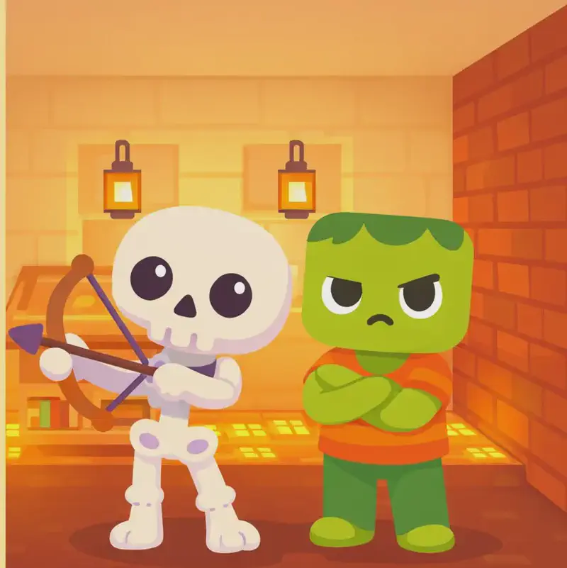 On the right side of the image, Skel and Zom stand together inside a warmly lit brick house. Skel stands slightly in front, facing the viewer with a proud, satisfied expression, his wooden brown bow slung over his shoulder. Zom stands just behind and to the right, also facing forward with a grumpy, displeased expression, arms crossed. The indoor scene features hanging lanterns, a wooden table or shelf with books, brick walls, and glowing floor lights, giving the room a cozy, warm ambiance. The left side of the image is plain background suitable for text overlay.