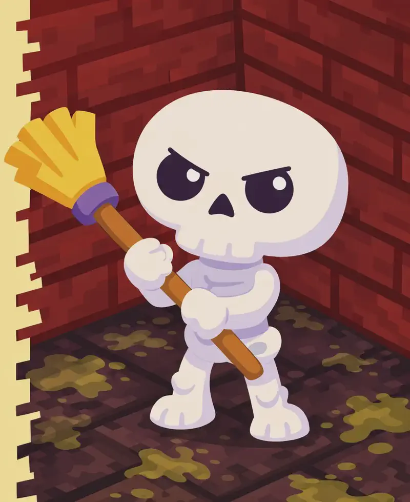 On the right side of the image, Skel stands with a frustrated, angry expression — mouth set in a flat frown and dark, annoyed eye sockets — gripping a broom tightly in both rounded hands, held upright like a weapon, as if he has stopped mid-sweep in defiance. His oversized round cream-white skull and small white dot pupils convey determination. The scene is set indoors against a warm yellow background, with dark reddish-brown block-style brick walls and grimy, muck-covered flooring suggesting a Minecraft-inspired aesthetic.