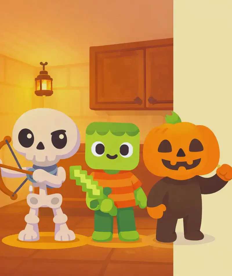 On the left side of the image, Skel stands in the center facing the viewer with a confident grin, his oversized round cream-white skull and small white dot pupils conveying determination. He holds his wooden brown bow in one hand. To Skel's left, Zom stands with a sheepish but ready expression, wearing his orange-and-red horizontally striped t-shirt and dark green pants, gripping his pixelated light-green sword. To Skel's right, Jack stands with his large orange jack-o'-lantern head and dark brown body suit, one orange mitten-like hand raised in a fist of resolve. All three face the viewer in a united, determined lineup. The scene is set in a warmly lit indoor room with wooden cabinets and a lantern hanging above. The right ~40% of the image is plain pale background with no detail.