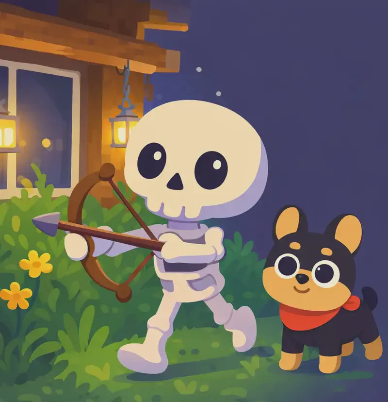 On the left side of the image, Skel strides forward with a determined posture through tall grass just outside a wooden house with glowing lanterns hanging on chains, his wooden brown bow gripped in one hand and a dark brown arrow in the other, marching off on a hunt. Bones is beside Skel to the right, looking alert and ready to follow with a confident smile. The scene is set outdoors at night with warm lantern light glowing against the wooden structure behind them and yellow flowers dotting the grass. The right side of the image is plain background, leaving space for text overlay.