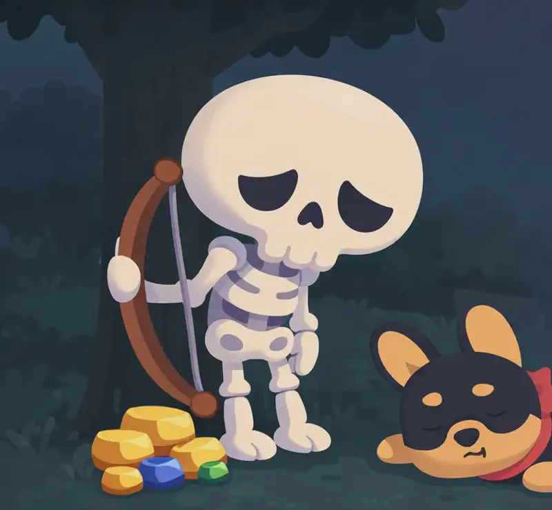 On the left side of the image, Skel stands slouched near a tree in a dim, overcast outdoor setting, looking utterly exhausted with drooping eye sockets and his wooden brown bow hanging loosely from one hand. A small pile of gold ingots and gems sits at his feet, showing the spoils of his hunt. Bones lies on the ground beside Skel, appearing collapsed and spent. The scene has a dark, muted atmosphere with trees and grass in the background, reflecting the sleepless, worn-out mood. The right side of the image is plain background, leaving space for text overlay.