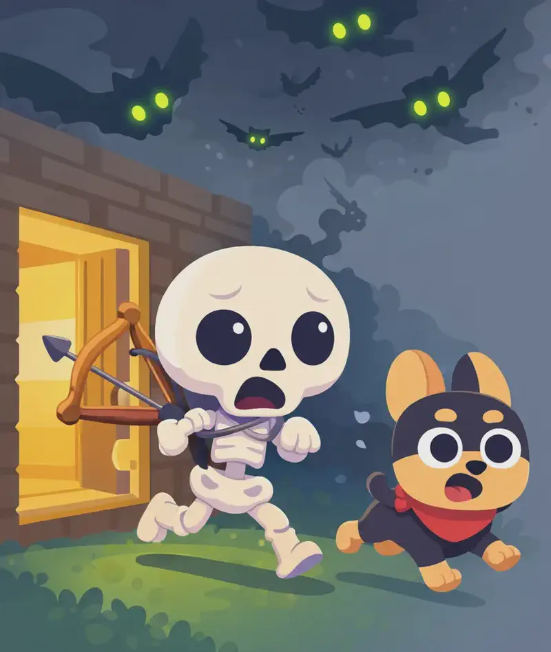 On the left side of the image, Skel and Bones sprint across a grassy area toward a wooden structure (home base), running at full speed with panicked expressions. Skel's wooden brown bow bounces on his back as he runs. Bones dashes alongside, mouth open in alarm. Several dark phantom creatures with glowing green eyes and wide wings dive through the air from the dark night sky above, swooping down toward the characters just as they reach the doorway. The scene is set outdoors at night with dark, moody lighting and an overcast sky. The right side of the image is plain background, leaving space for text overlay.