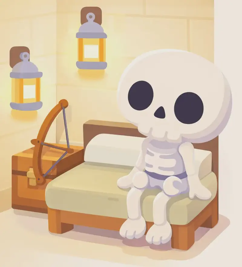 On the left side of the image, Skel sits on the edge of a cozy bed in an indoor bedroom, easing himself down to rest with a calm, relieved expression, his eye sockets soft and relaxed. His wooden brown bow leans against the wall nearby. A chest sits next to the bed and warm lanterns glow on the walls, creating a soft, peaceful atmosphere. The right side of the image is plain background, leaving space for text overlay.