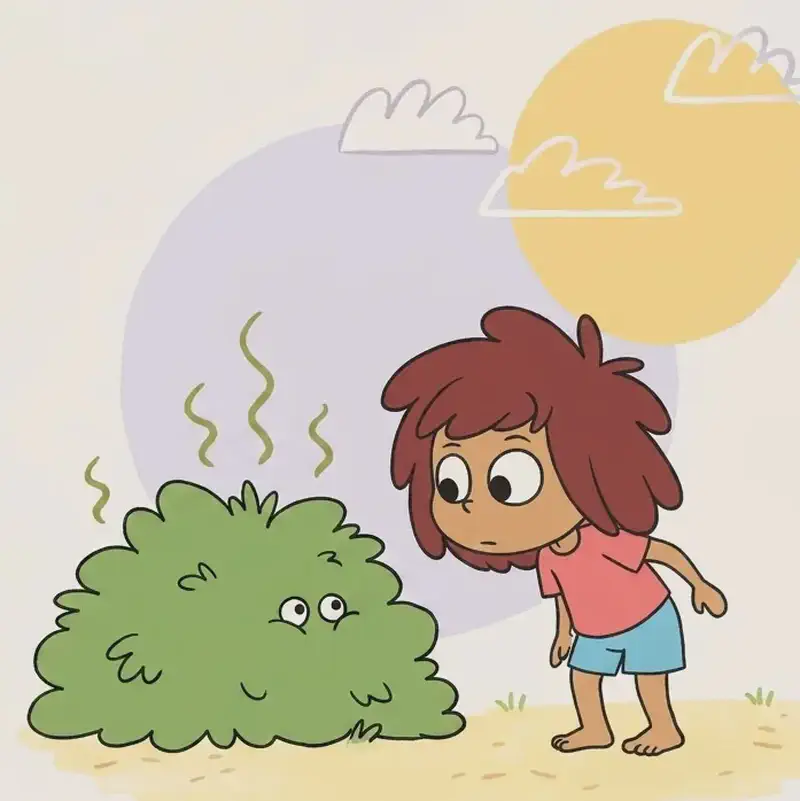 On the right side of the image, The Girl stands on a sandy park path on a sunny day, leaning slightly forward with a curious, determined expression as if sniffing the air to track down a smell. A large pale purple circle and a warm yellow sun shape frame her in the background, with wispy clouds scattered across the sky. To the left, a scruffy green bush with wavy stink lines rising from it sits at ground level, with small eyes peeking out from within it — hinting at the source of the stinky smell.