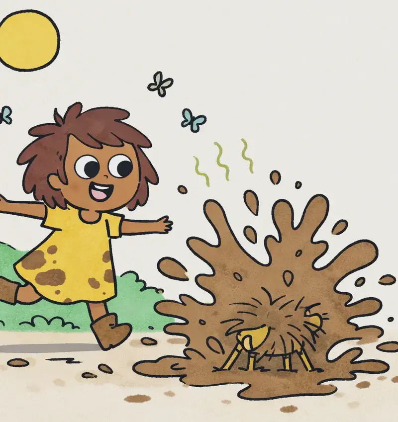 On the left side of the image, The Girl is mid-stride, leaning forward with one arm outstretched and a delighted, open-mouthed smile, wearing a new dress and boots that are getting splattered with muddy water. Pig is mostly obscured by an enormous splash of muddy brown water erupting from the puddle in the center-left of the scene — it has clearly just jumped in with great enthusiasm. The outdoor setting features a bright sun, green bushes, and a dirt path. Muddy water sprays everywhere like a cloudburst.