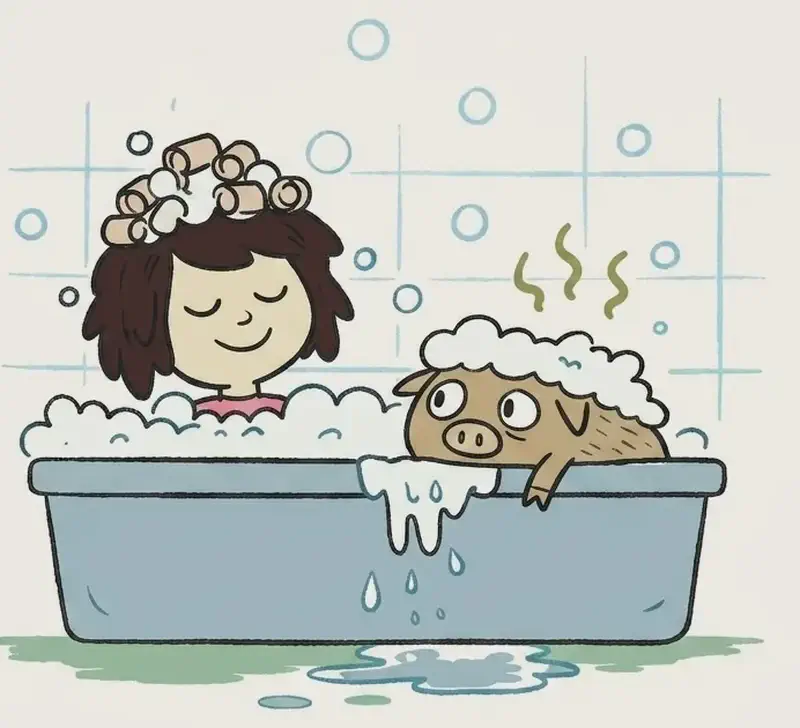 On the right side of the image, The Girl and Pig are sitting together in a blue-gray bathtub filled with bubbly, soapy water, set against a faintly tiled bathroom wall, while the left half of the image is empty cream-colored background. The Girl is smiling happily with her eyes closed, her shoulder-length dark brown hair topped with a pile of white foam and a few hair curlers still nestled in it, the collar of her pink top just visible above the bubbles, clearly enjoying bath time. Pig, with light brown skin, is peeking out from under a mound of white bubbles next to her on the right, with wide eyes and a slightly nervous expression, one trotter resting on the tub's rim as foam and water drip over the edge, and a few wavy green stink lines rise above his sudsy head. Soap bubbles float through the air around them, and a small puddle of water has formed on the green-tinged floor below the tub.