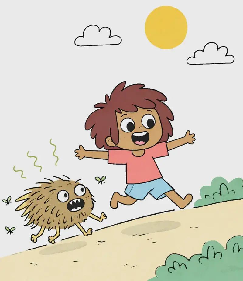 On the right side of the image, The Girl is running joyfully down a sandy hill with her arms spread wide, smiling broadly. In the center-right, Pig chases after her down the slope, with a goofy grin and stink lines rising from its shaggy body. Small green flies buzz around them both. The scene is set outdoors on a sunny day with a bright yellow sun and white clouds in a blue sky, with green bushes at the base of the hill.