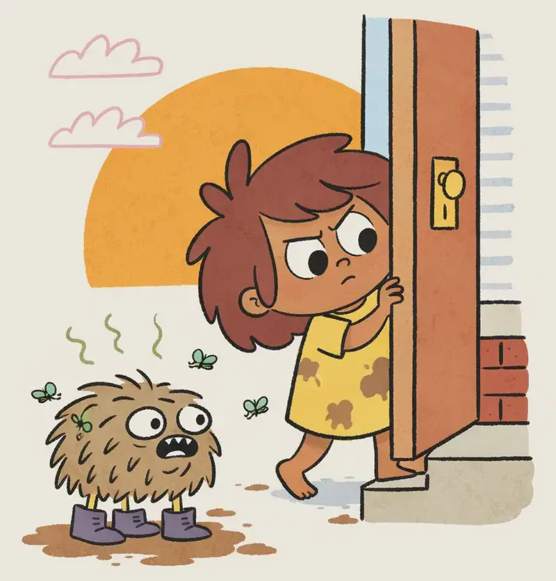 On the right side of the image, The Girl stands near the front door of a suburban house with a brick facade, peering cautiously toward the door with a sneaky, determined expression, one hand reaching toward the doorway as she checks if the coast is clear, wearing her mud-splattered dress and barefoot. Pig stands just behind and to the left of her, still wearing boots on its feet, covered in mud and surrounded by green stink lines and buzzing flies, looking grubby and mischievous. A large orange setting sun dominates the background, with pink sky and white clouds, conveying late afternoon light. Through the partially open front door, the interior of the house is visible.