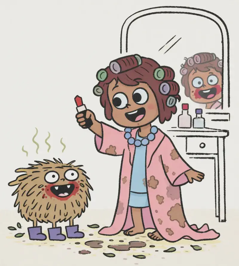 On the right side of the image, The Girl stands in front of a vanity/dressing table, grinning widely with hair curlers in her dark reddish-brown hair, holding up a tube of red lipstick in one raised hand. She wears a blue chunky bead necklace and a long pink robe splotched with mud patches over a light blue dress, with bare feet. Pig stands on the floor to her left (center of the image), facing forward with a comically exaggerated grin — it has red lipstick smeared all around its mouth, wavy stink lines rising from its shaggy fur, still wearing purple boots on its feet, with muddy footprints and scattered green leaves on the cream floor around it. The scene is set indoors in a bedroom, with a mirror and perfume bottles visible on the white dressing table behind The Girl. In the mirror, The Girl's grinning face is reflected back, with red lipstick smeared on her cheeks and her curler-filled hair.