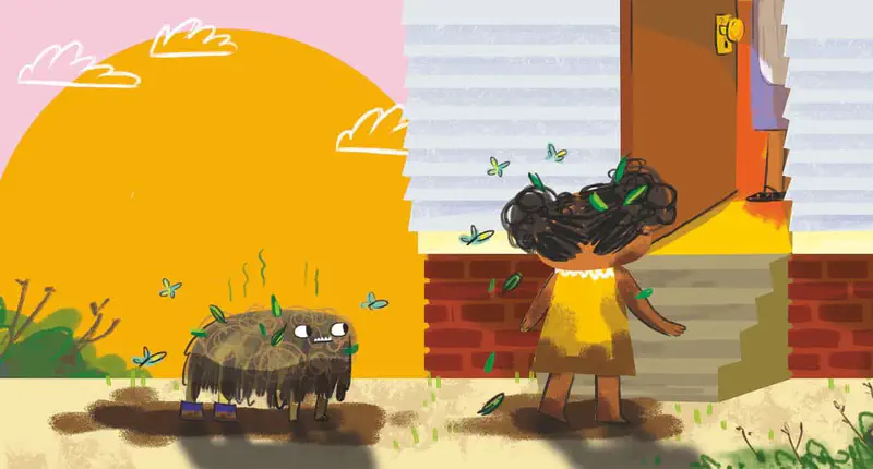 A muddy pig with butterflies follows a girl to her house at sunset, leaving dirty footprints on the path.