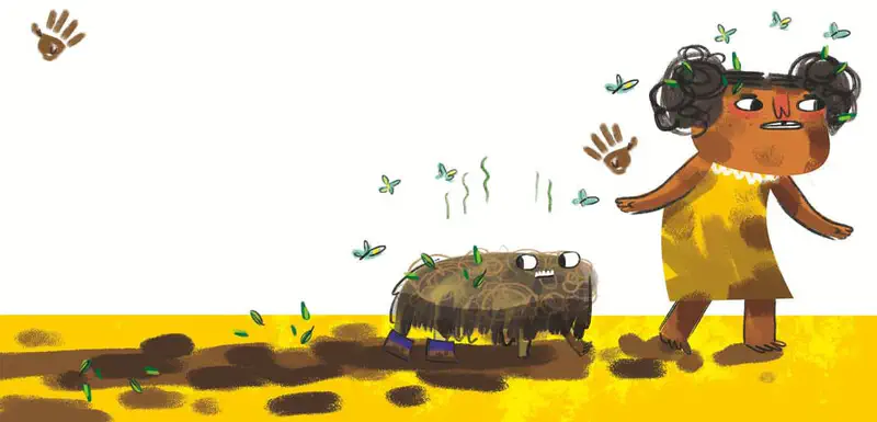 A frustrated girl covered in mud stands next to a smelly pig leaving muddy handprints and footprints everywhere.