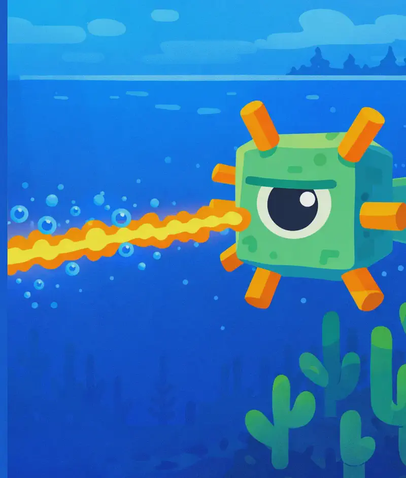 An underwater ocean scene in Minecraft style, with deep blue water filling the frame. On the right side, a Guardian mob floats menacingly, its single large eye visible and orange spikes extended outward as it fires an orange laser beam across the scene. The Guardian looks threatening and powerful as it patrols the deep. Seagrass and kelp rise from the ocean floor, and a distant treeline is visible above the waterline in the background.