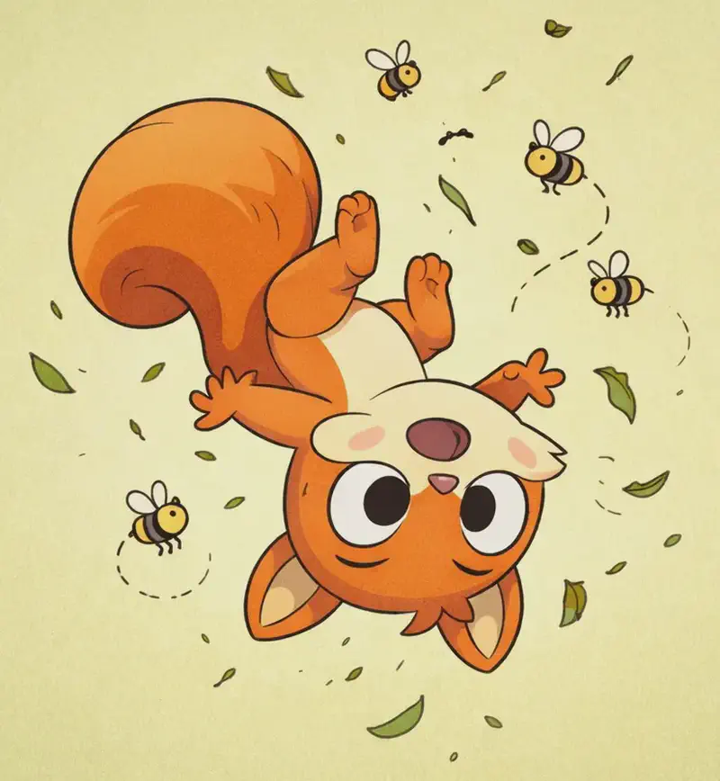 On the right side of the image, Pip the orange squirrel is tumbling through the air upside-down with wide eyes and a small open mouth, her expression bright and surprised, almost playfully curious, with arms and legs spread outward mid-tumble. Four bees buzz around her with dotted flight trails, one to her left and three scattered to her right near her body and tail. Green leaves and tiny debris fly around the scene, emphasizing the motion of being tossed about. The left side is plain pale yellow-green background, and the overall setting is an outdoor daytime scene with soft, warm, even lighting.