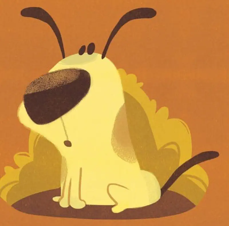 A yellow puppy with perked up ears listens alertly while sitting in front of yellow bushes on an orange background.