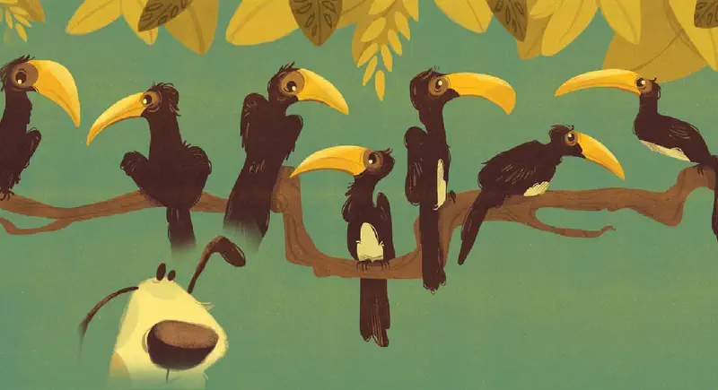 A yellow puppy looks up at many black toucans with yellow beaks perched on tree branches with green foliage.