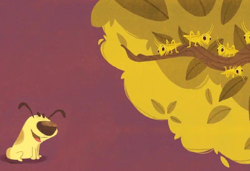 A happy yellow puppy barks at several yellow grasshoppers sitting on branches in a leafy bush.