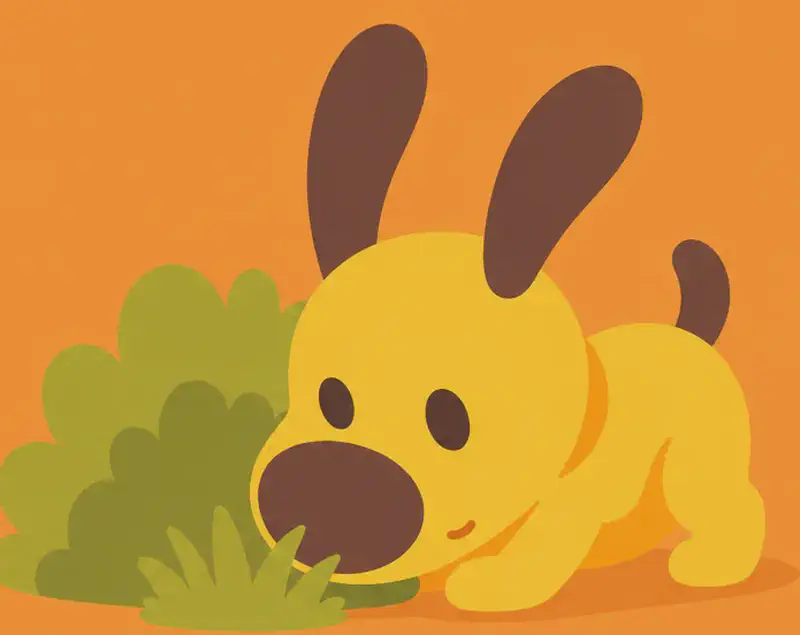 Pup is on the right side of the image, crouching low and sniffing around a patch of grass and bushes with a curious, alert expression and ears perked high as he searches for the source of the chirping sounds. The outdoor scene has a warm golden-orange background suggesting a sunny day. The left side of the image is plain open background.